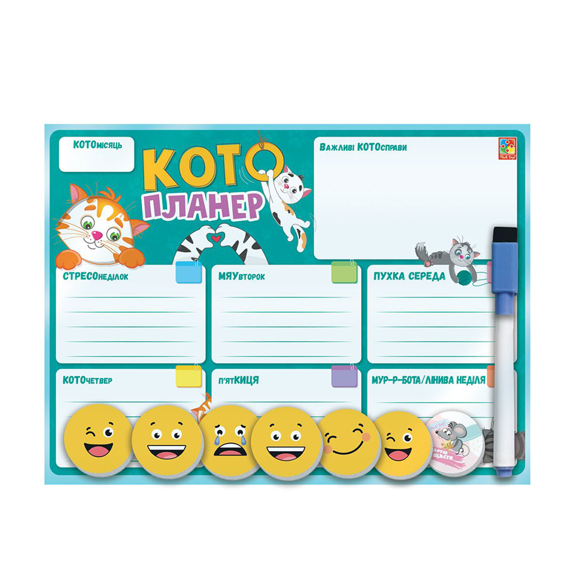 Магнітна дошка з маркером Vladi Toys Кото-планер, українською мовою, від 3 років, 9 предметів (VT3601-25)